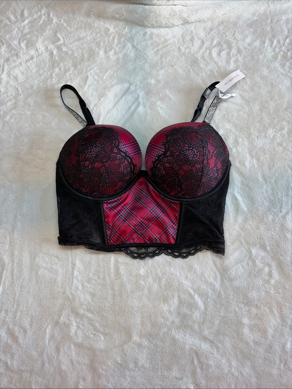 Victoria Secret 34D Bombshell Push Up Red Black Plaid Crystal Straps (NEW $85)